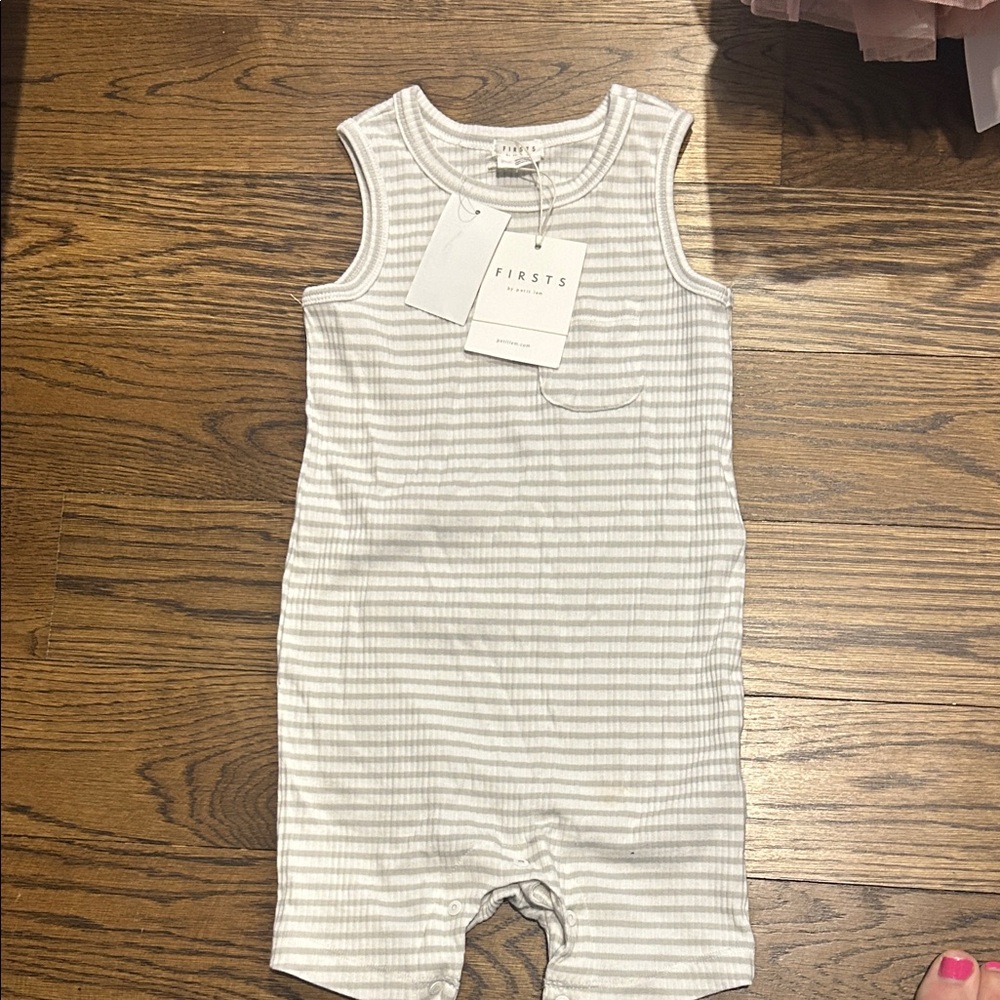 Firsts Baby Ribbed Tank Romper in White and Light Gray